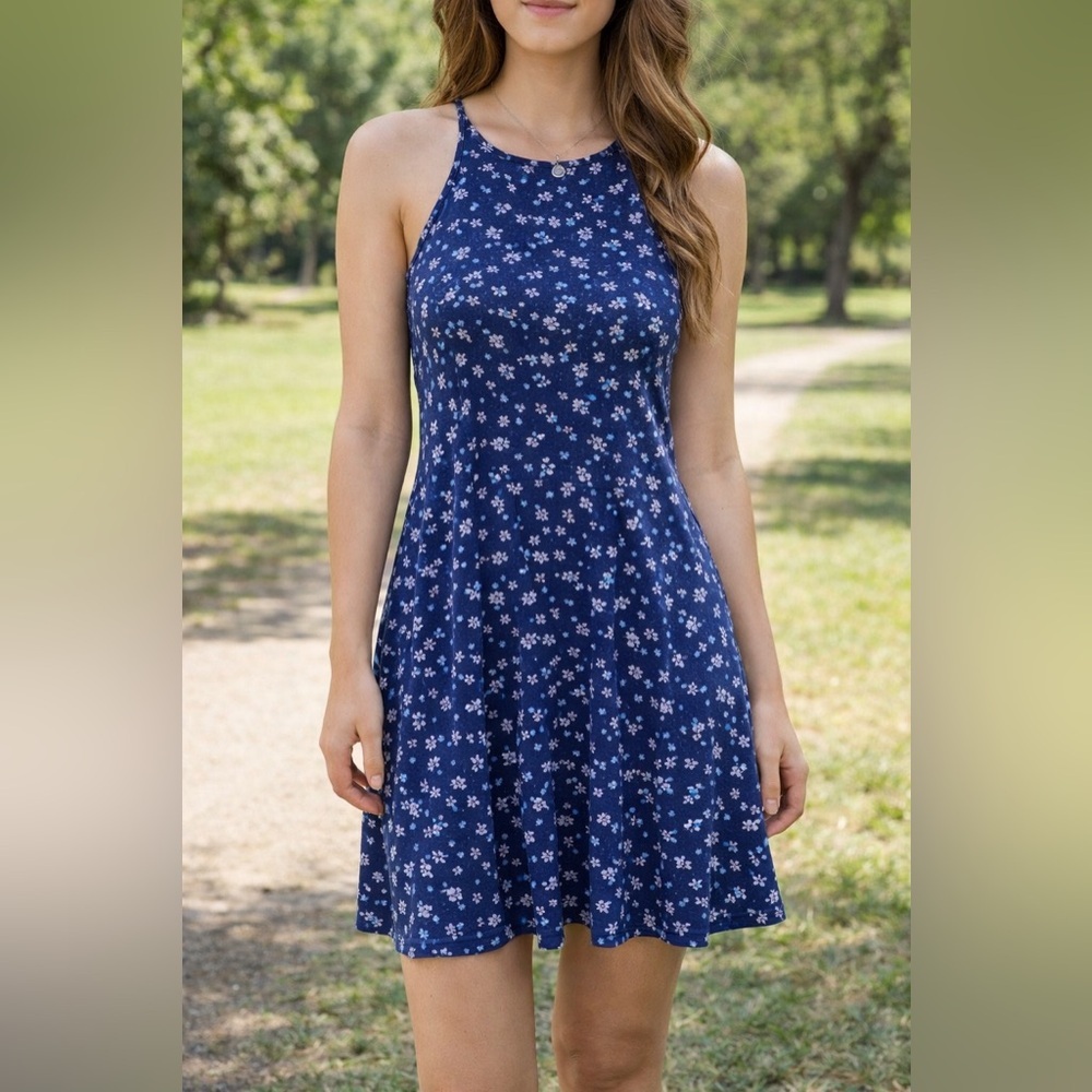 Younique Clothing Navy Floral Sleeveless Dress Y2K Early 2000s
